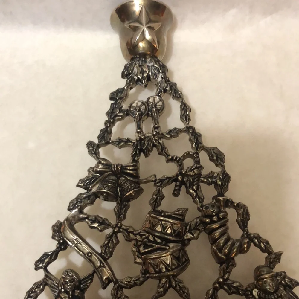 Vintage Silver Plate Christmas Tree Candle Holder Ornaments/Presents 10”x6.5”